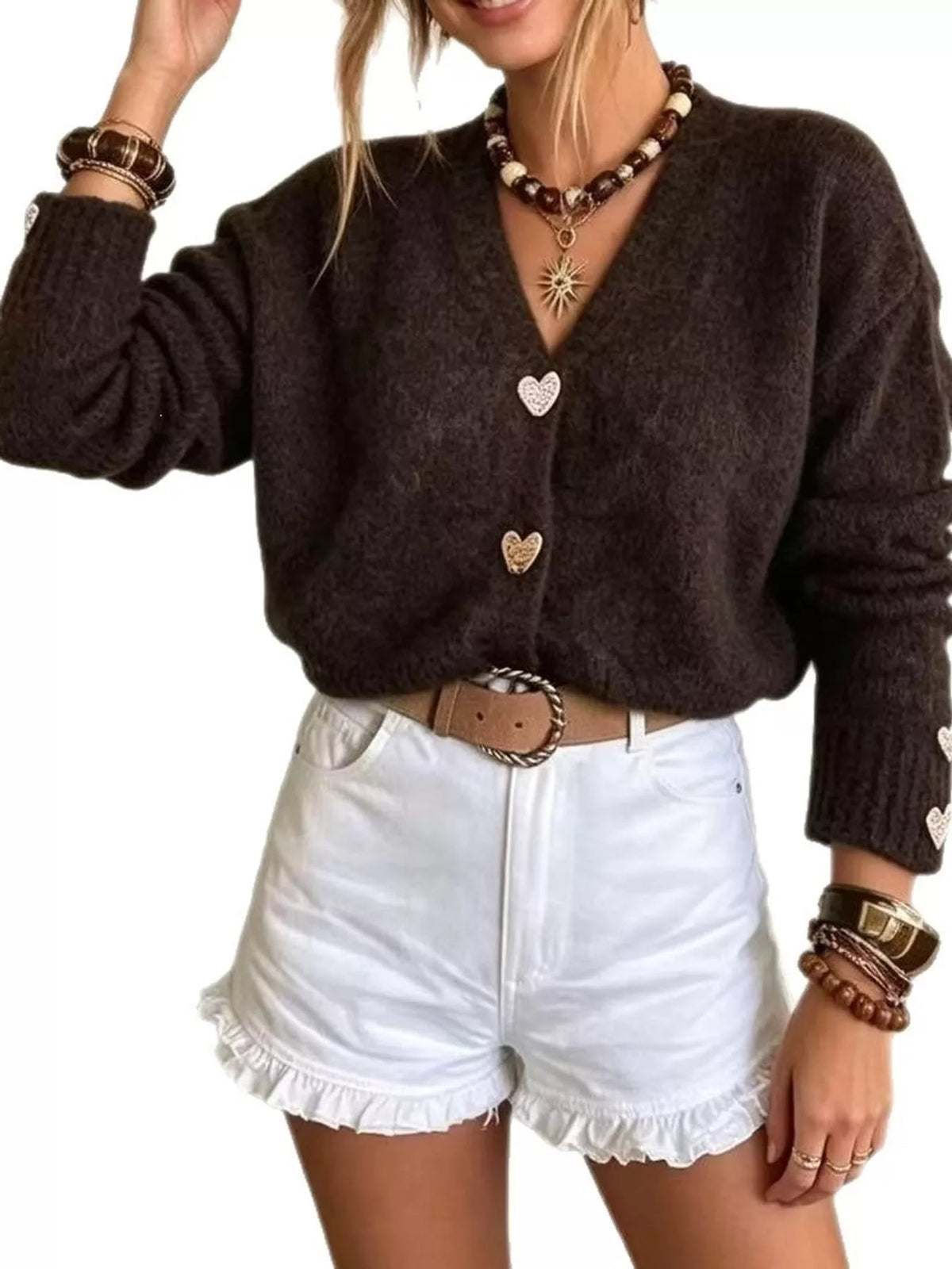 V-Neck Heart-Shaped Buttons Cardigan - Bitsy Gypsy Boutique