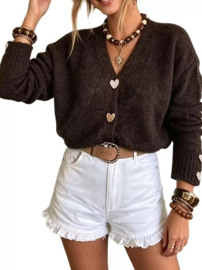 V-Neck Heart-Shaped Buttons Cardigan - Bitsy Gypsy Boutique