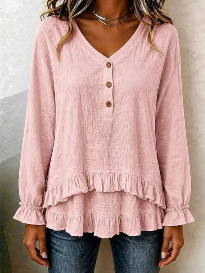 V-Neck Long Sleeve Button Detail Ruffled Hem Blouse - Bitsy Gypsy Boutique