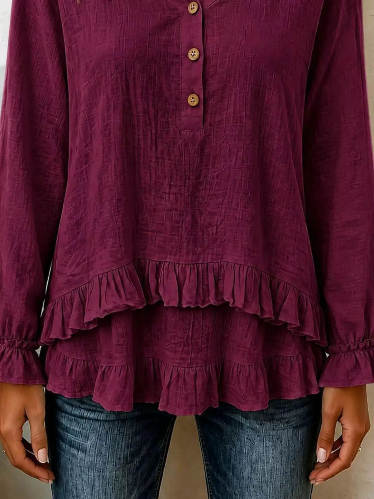 V-Neck Long Sleeve Button Detail Ruffled Hem Blouse - Bitsy Gypsy Boutique