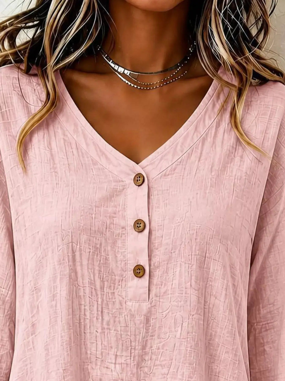 V-Neck Long Sleeve Button Detail Ruffled Hem Blouse - Bitsy Gypsy Boutique