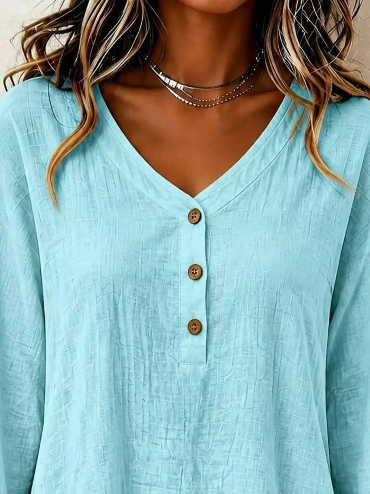V-Neck Long Sleeve Button Detail Ruffled Hem Blouse - Bitsy Gypsy Boutique