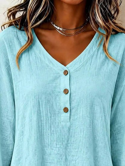 V-Neck Long Sleeve Button Detail Ruffled Hem Blouse - Bitsy Gypsy Boutique