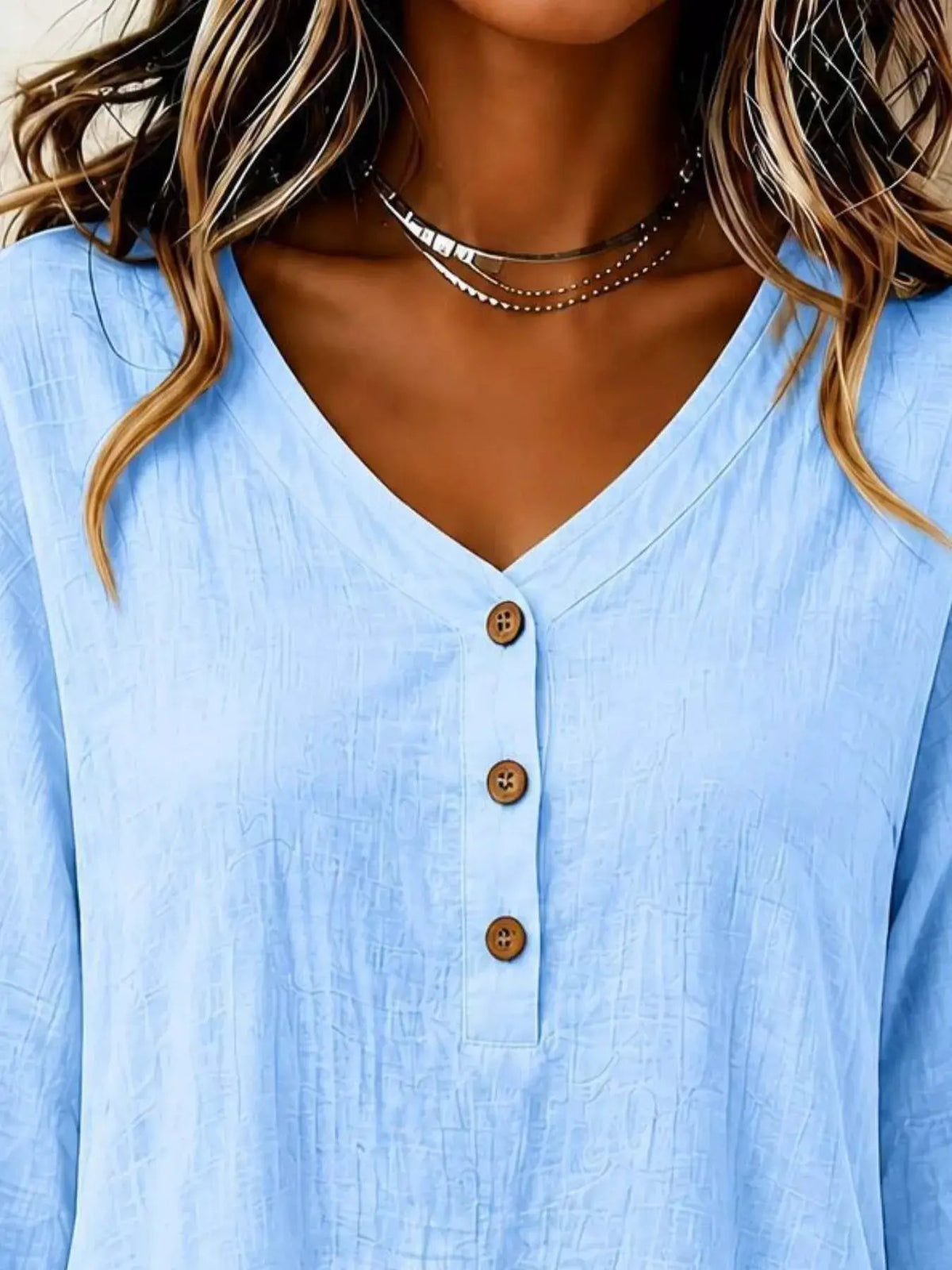 V-Neck Long Sleeve Button Detail Ruffled Hem Blouse - Bitsy Gypsy Boutique