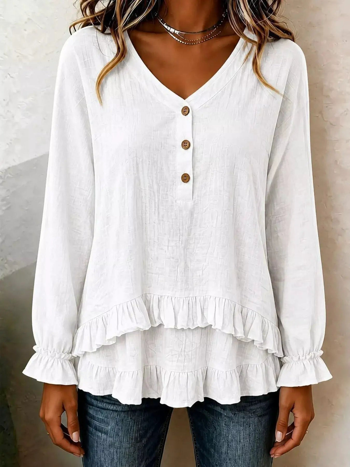 V-Neck Long Sleeve Button Detail Ruffled Hem Blouse - Bitsy Gypsy Boutique