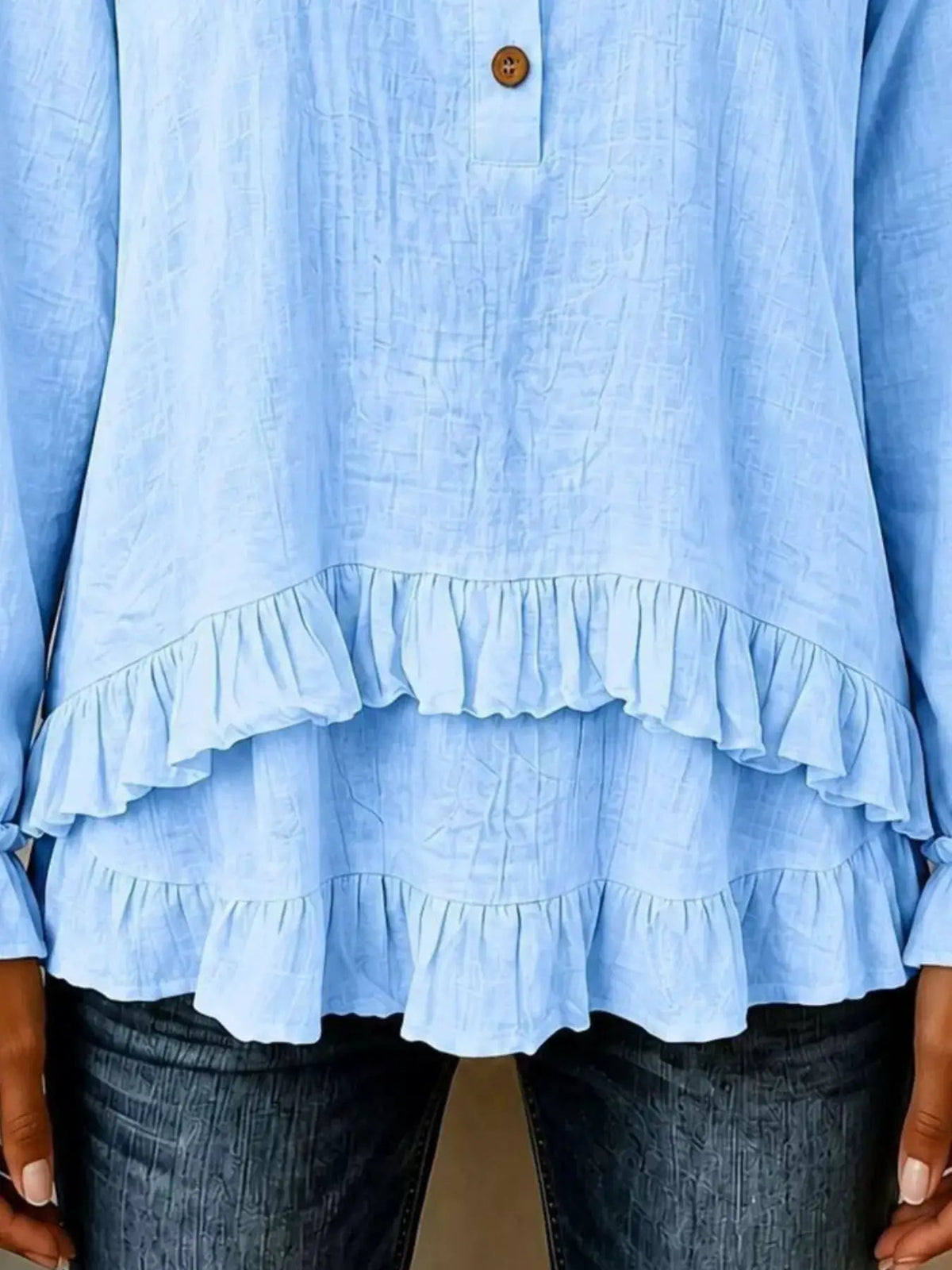 V-Neck Long Sleeve Button Detail Ruffled Hem Blouse - Bitsy Gypsy Boutique