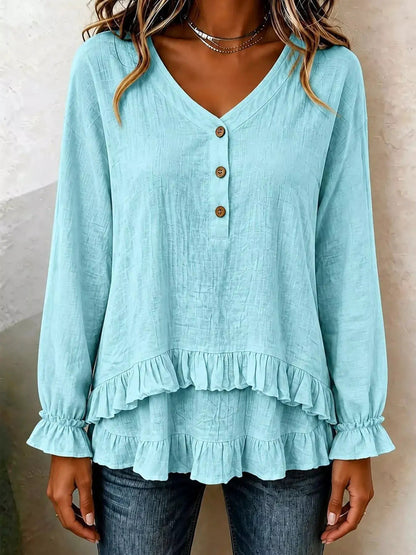 V-Neck Long Sleeve Button Detail Ruffled Hem Blouse - Bitsy Gypsy Boutique