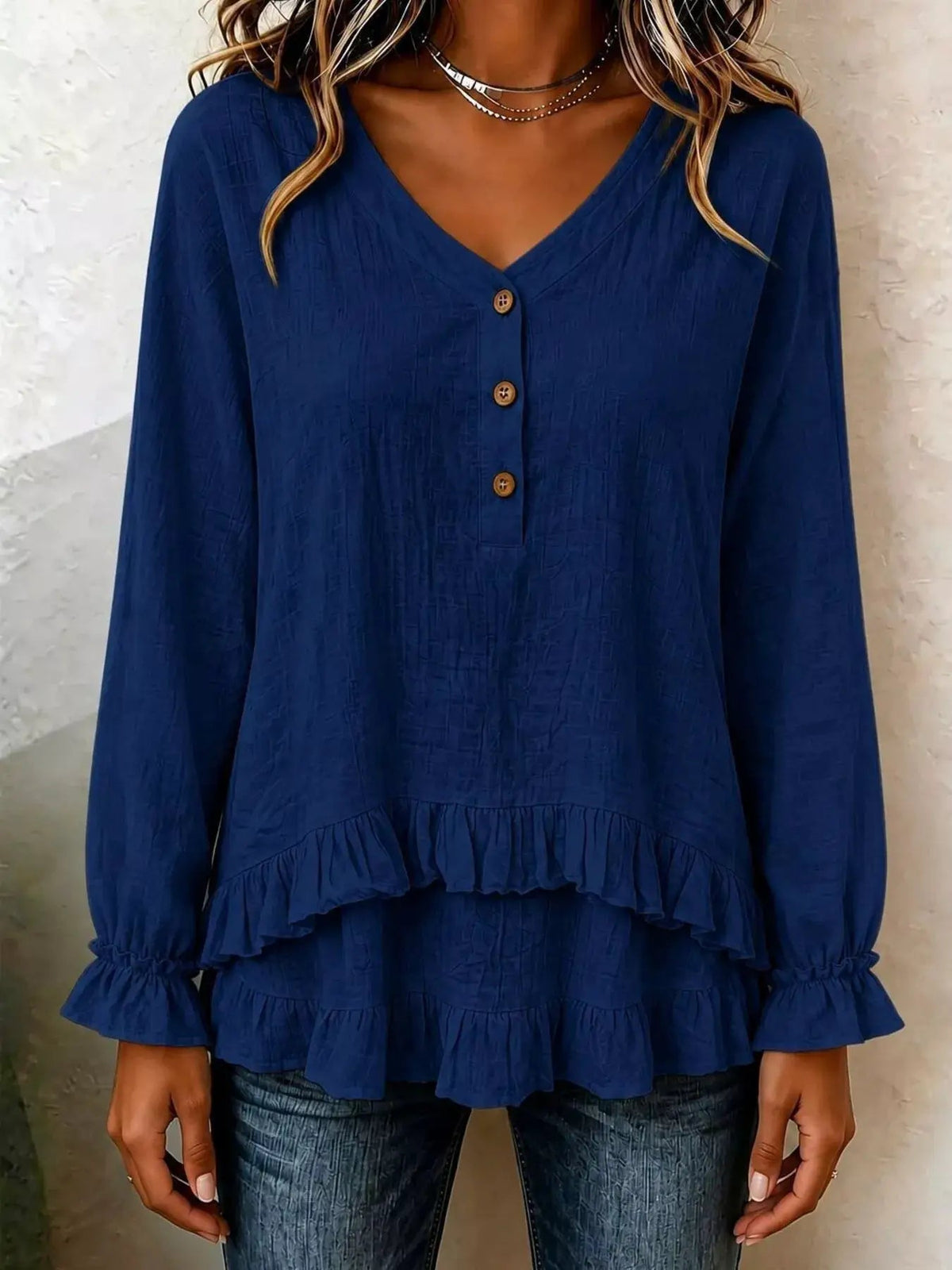 V-Neck Long Sleeve Button Detail Ruffled Hem Blouse - Bitsy Gypsy Boutique