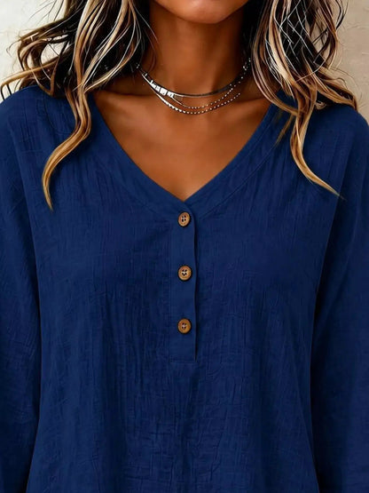 V-Neck Long Sleeve Button Detail Ruffled Hem Blouse - Bitsy Gypsy Boutique