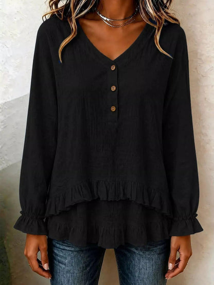 V-Neck Long Sleeve Button Detail Ruffled Hem Blouse - Bitsy Gypsy Boutique