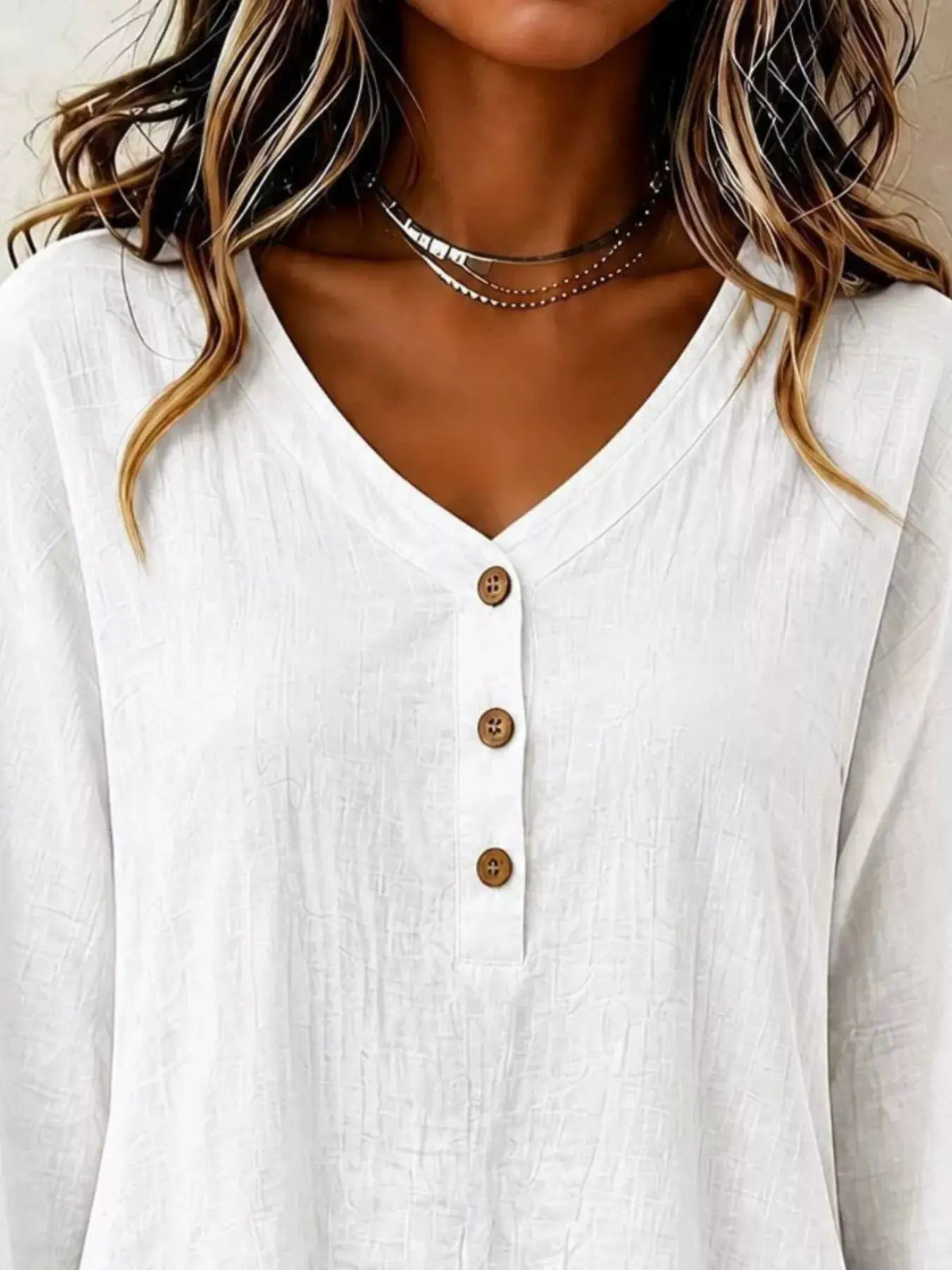 V-Neck Long Sleeve Button Detail Ruffled Hem Blouse - Bitsy Gypsy Boutique