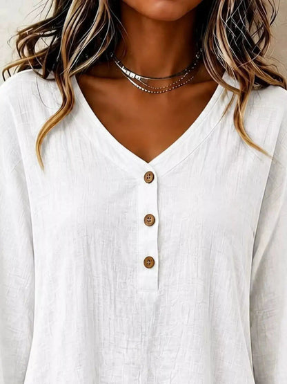 V-Neck Long Sleeve Button Detail Ruffled Hem Blouse - Bitsy Gypsy Boutique