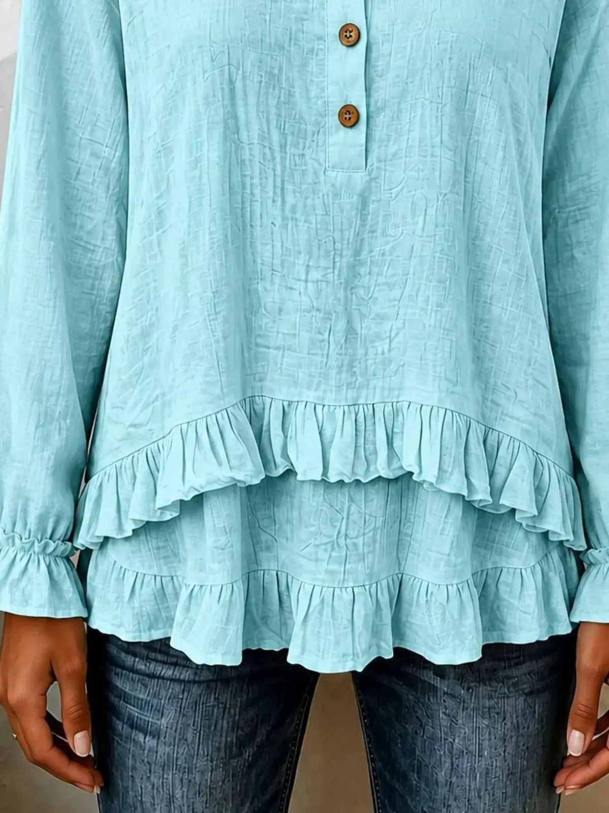 V-Neck Long Sleeve Button Detail Ruffled Hem Blouse - Bitsy Gypsy Boutique