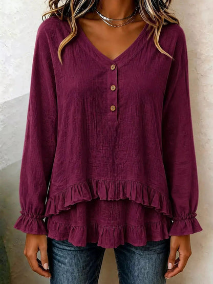 V-Neck Long Sleeve Button Detail Ruffled Hem Blouse - Bitsy Gypsy Boutique