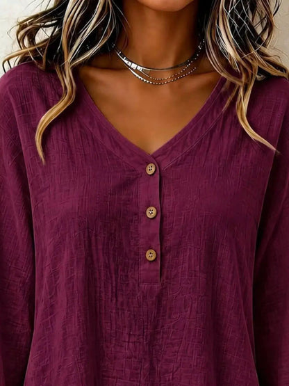 V-Neck Long Sleeve Button Detail Ruffled Hem Blouse - Bitsy Gypsy Boutique