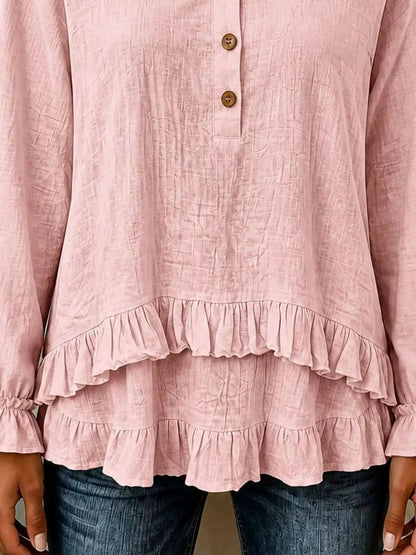 V-Neck Long Sleeve Button Detail Ruffled Hem Blouse - Bitsy Gypsy Boutique