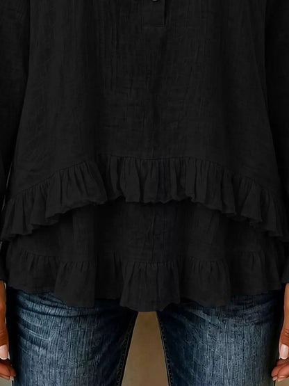 V-Neck Long Sleeve Button Detail Ruffled Hem Blouse - Bitsy Gypsy Boutique