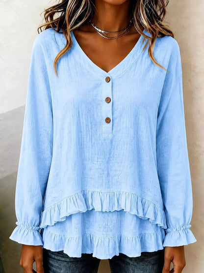 V-Neck Long Sleeve Button Detail Ruffled Hem Blouse - Bitsy Gypsy Boutique
