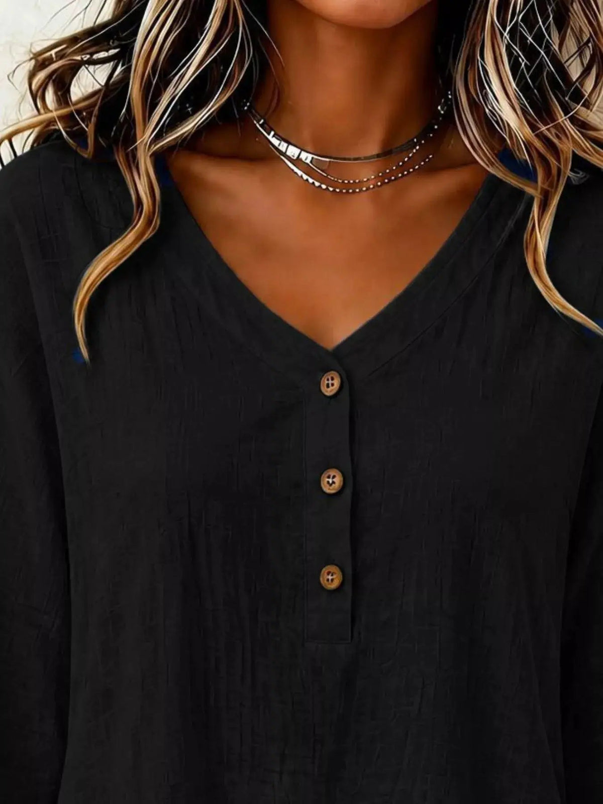 V-Neck Long Sleeve Button Detail Ruffled Hem Blouse - Bitsy Gypsy Boutique