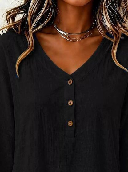 V-Neck Long Sleeve Button Detail Ruffled Hem Blouse - Bitsy Gypsy Boutique