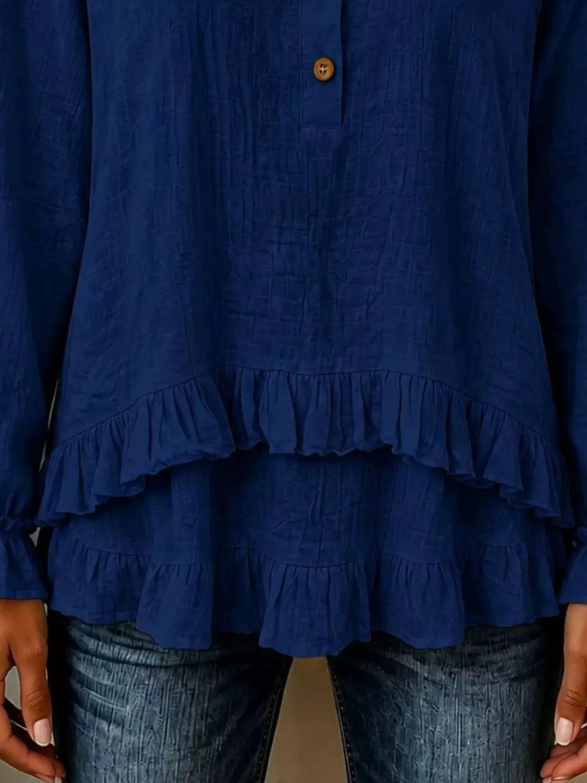 V-Neck Long Sleeve Button Detail Ruffled Hem Blouse - Bitsy Gypsy Boutique