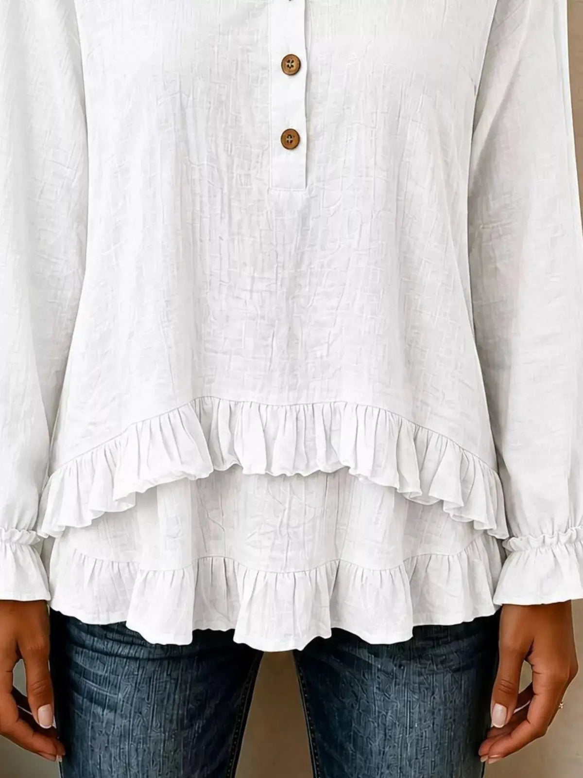 V-Neck Long Sleeve Button Detail Ruffled Hem Blouse - Bitsy Gypsy Boutique