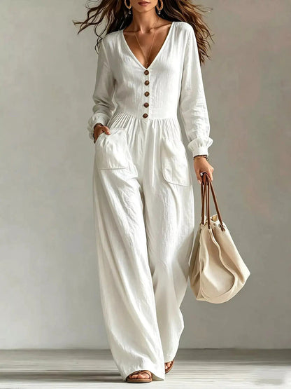 V-Neck Long Sleeve Button-Down Wide Leg Jumpsuit - Bitsy Gypsy Boutique