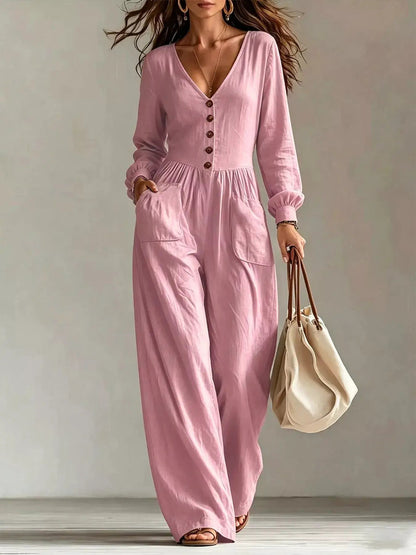 V-Neck Long Sleeve Button-Down Wide Leg Jumpsuit - Bitsy Gypsy Boutique