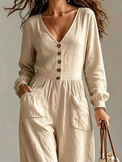 V-Neck Long Sleeve Button-Down Wide Leg Jumpsuit - Bitsy Gypsy Boutique