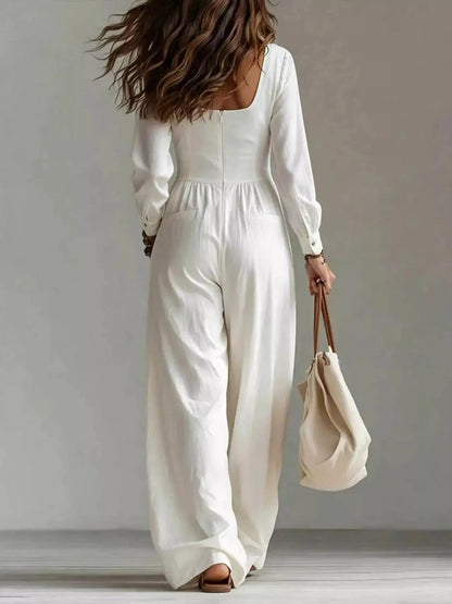 V-Neck Long Sleeve Button Front Wide-Leg Jumpsuit - Bitsy Gypsy Boutique