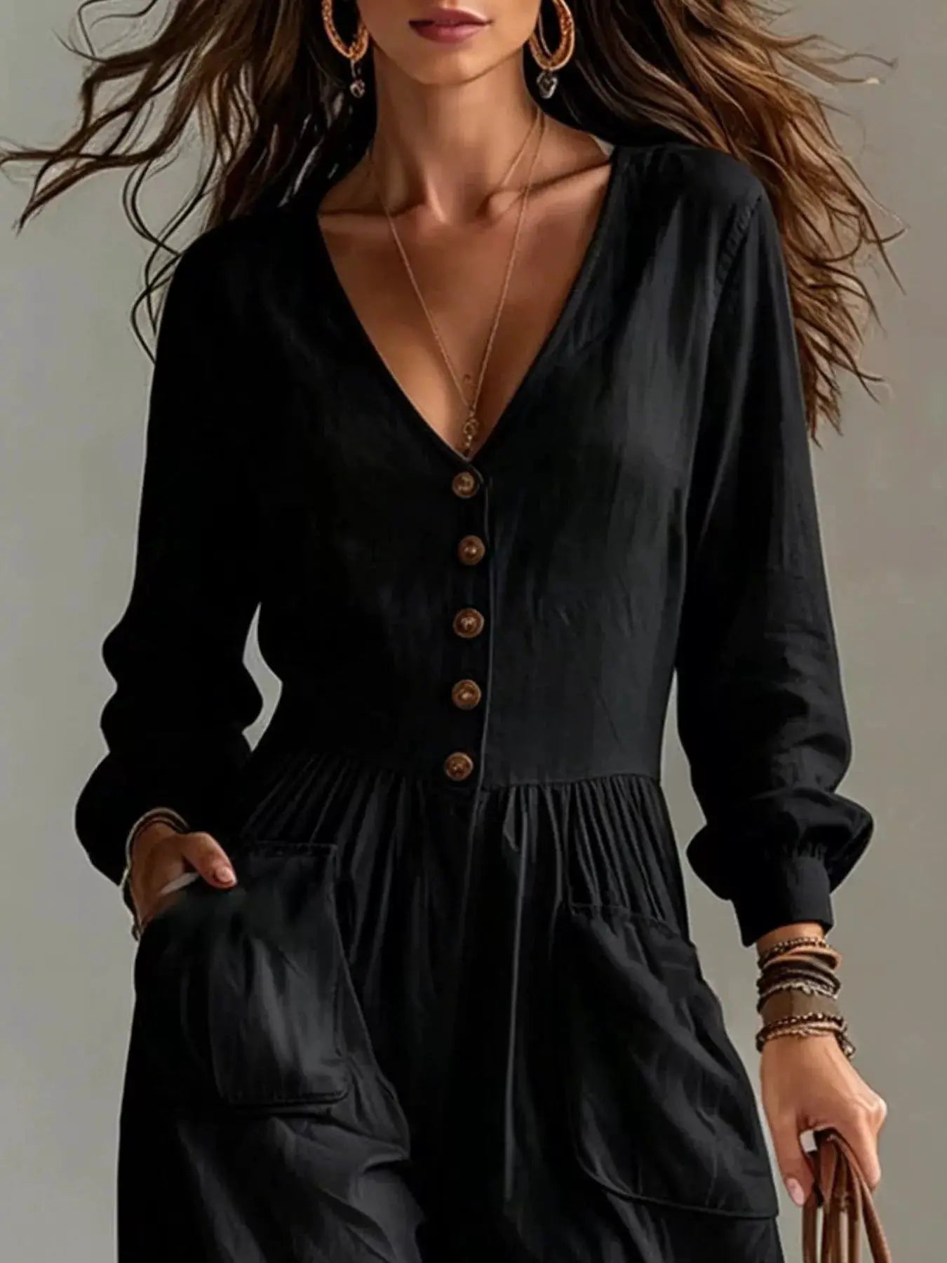 V-Neck Long Sleeve Button Front Wide-Leg Jumpsuit - Bitsy Gypsy Boutique
