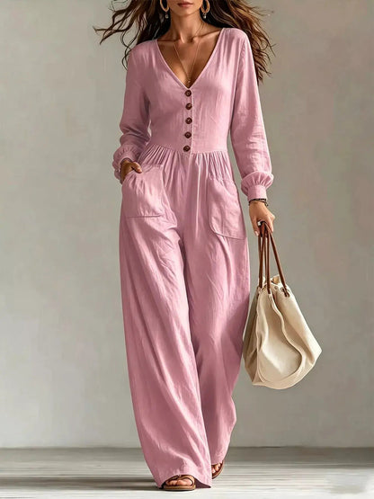 V-Neck Long Sleeve Button Front Wide-Leg Jumpsuit - Bitsy Gypsy Boutique