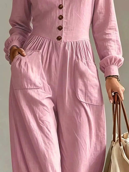 V-Neck Long Sleeve Button Front Wide-Leg Jumpsuit - Bitsy Gypsy Boutique