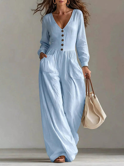 V-Neck Long Sleeve Button Front Wide-Leg Jumpsuit - Bitsy Gypsy Boutique