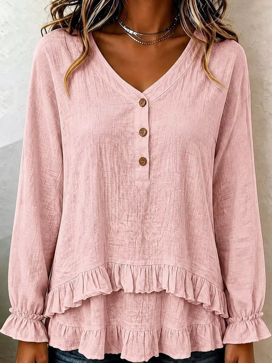 V-Neck Long Sleeve Ruffled Hem Blouse - Bitsy Gypsy Boutique
