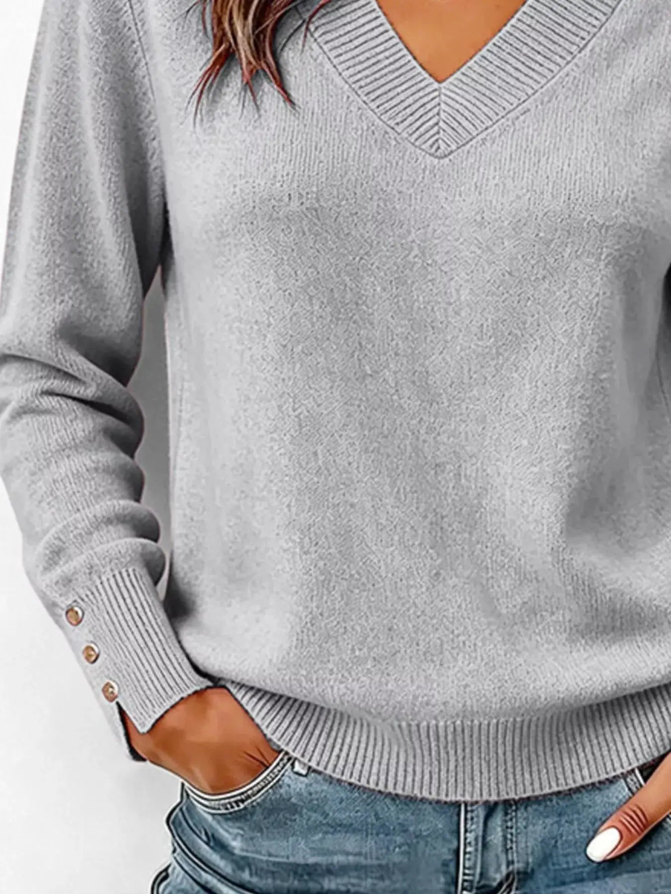 V-Neck Long Sleeve Sweater w - Bitsy Gypsy Boutique