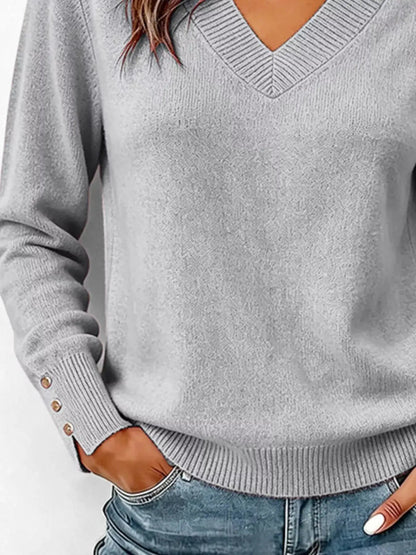 V-Neck Long Sleeve Sweater w - Bitsy Gypsy Boutique