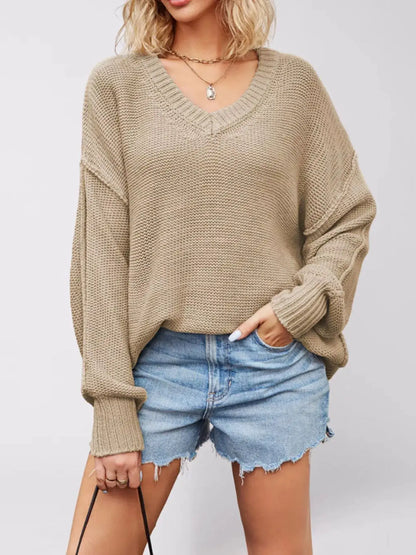 V-Neck Loose Knit Drop Shoulder Sweater by Trendsi
