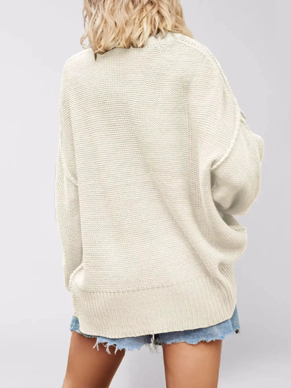 V-Neck Loose Knit Drop Shoulder Sweater by Trendsi