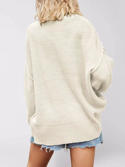 V-Neck Loose Knit Drop Shoulder Sweater by Trendsi