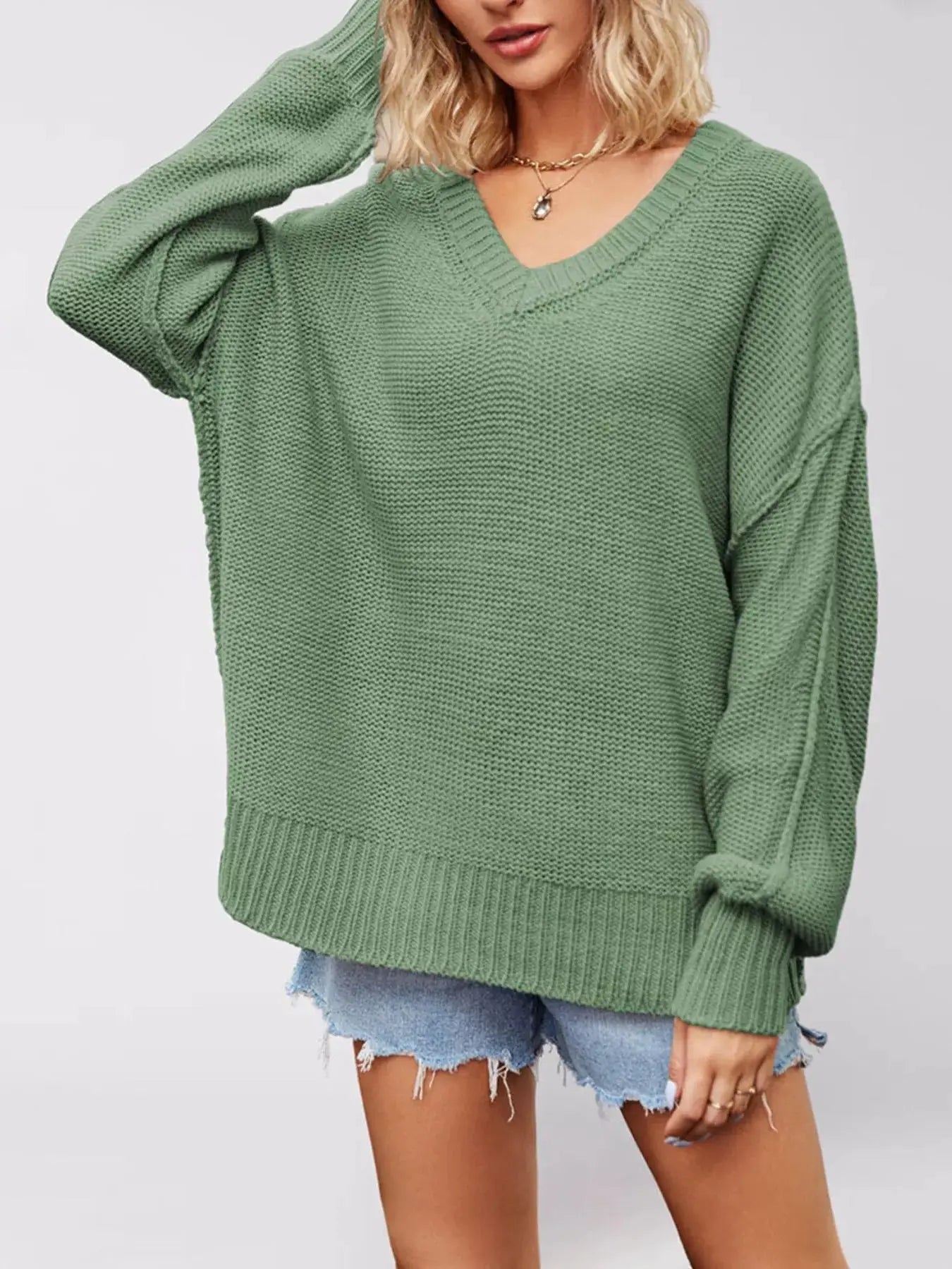 V-Neck Loose Knit Drop Shoulder Sweater by Trendsi
