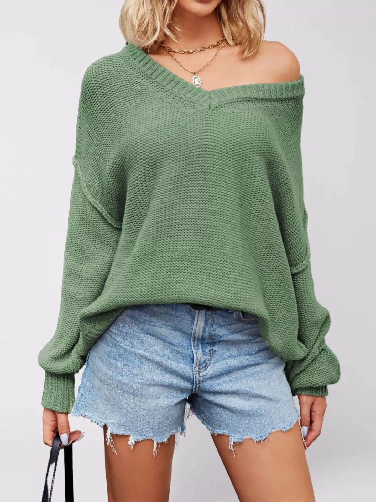 V-Neck Loose Knit Drop Shoulder Sweater by Trendsi