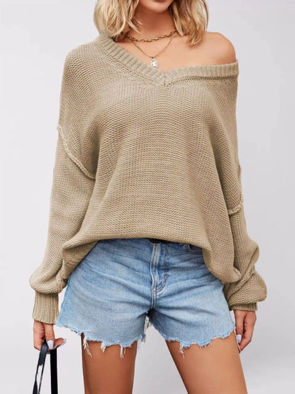 V-Neck Loose Knit Drop Shoulder Sweater by Trendsi