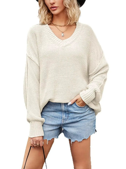 V-Neck Loose Knit Drop Shoulder Sweater by Trendsi
