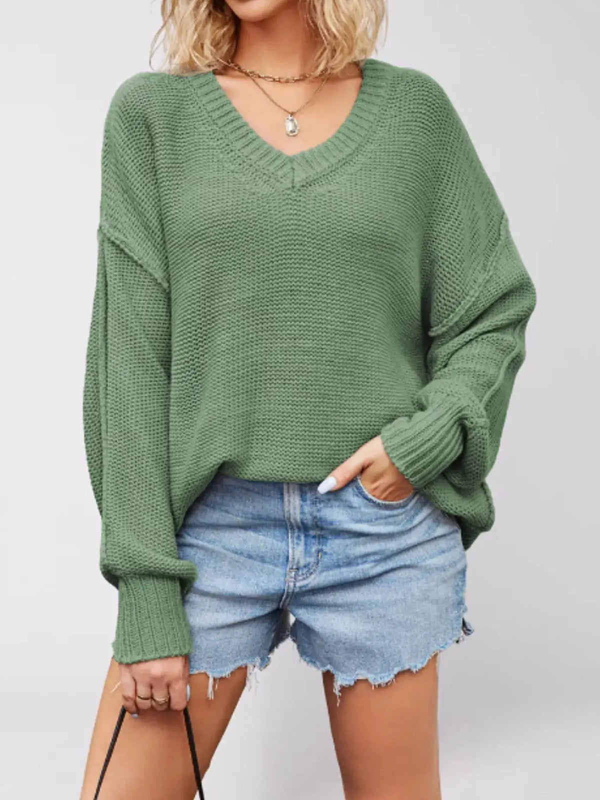 V-Neck Loose Knit Drop Shoulder Sweater by Trendsi
