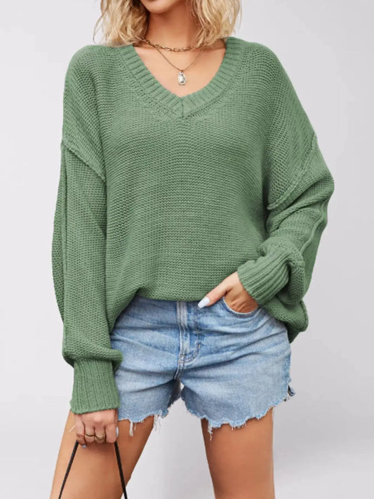 V-Neck Loose Knit Drop Shoulder Sweater by Trendsi