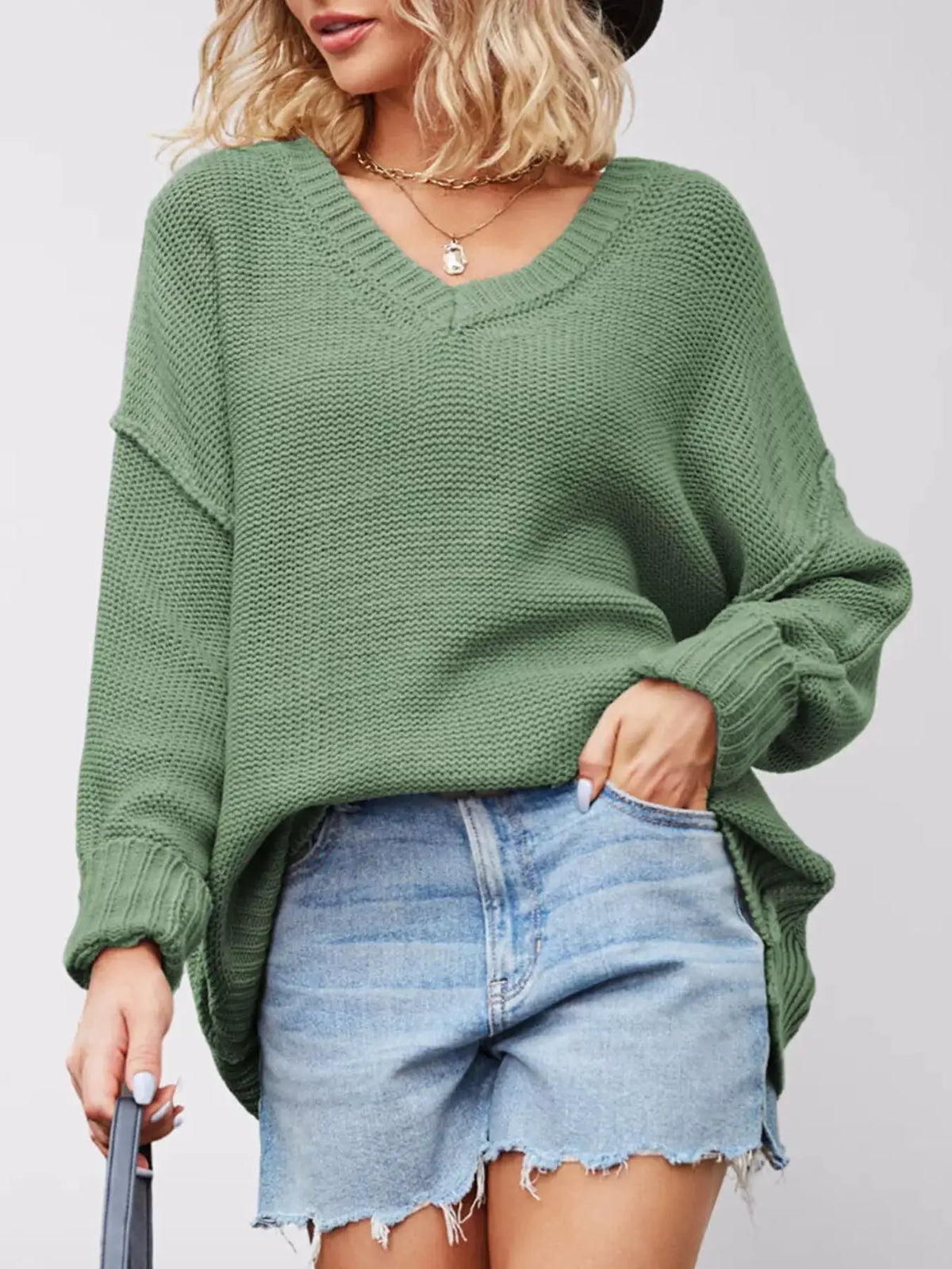 V-Neck Loose Knit Drop Shoulder Sweater by Trendsi