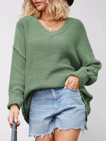 V-Neck Loose Knit Drop Shoulder Sweater by Trendsi
