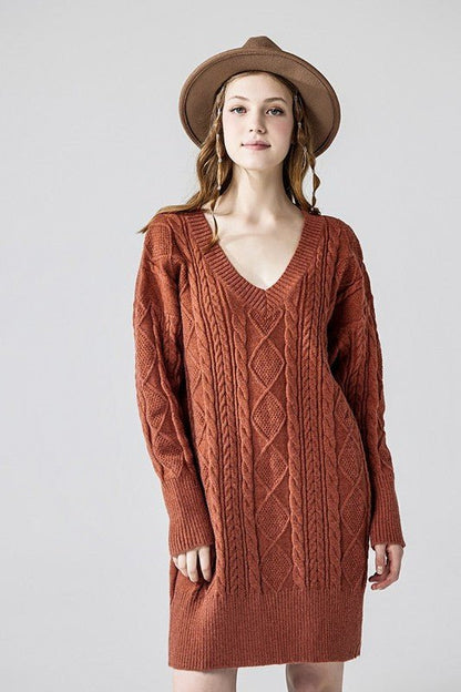 V - Neck Ribbed Hem Cable Knit Sweater Dress - Bitsy Gypsy Boutique