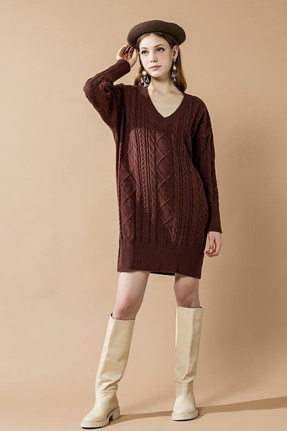 V - Neck Ribbed Hem Cable Knit Sweater Dress - Bitsy Gypsy Boutique